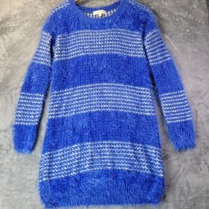 Umgee Womens S Blue White Fuzzy Knit Sweater Dress Long Sleeve Cozy‎ Striped